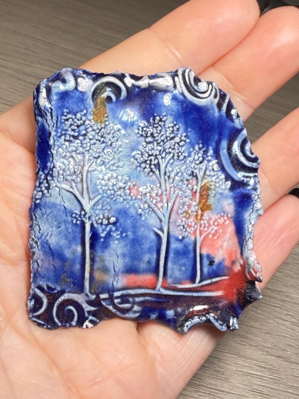 Marie Colby Gougeon Vintage Ceramic Tree Brooch Blue Artisan Pottery Pin 2.4 in